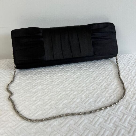 La Diva Black Satin Silver Tone Hardware Women's Clutch Shoulder Bag Purse - Picture 7 of 15